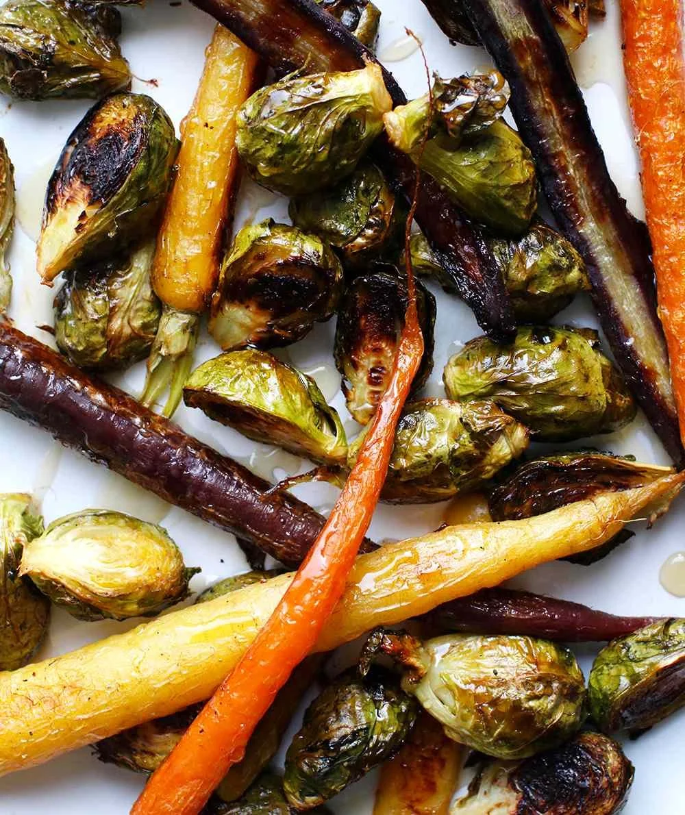 Blistered Green Beans, Crispy Brussels Sprouts, Roasted Carrots and Squash Finished with Honey Glaze (GF, DF) - $25/8 portions