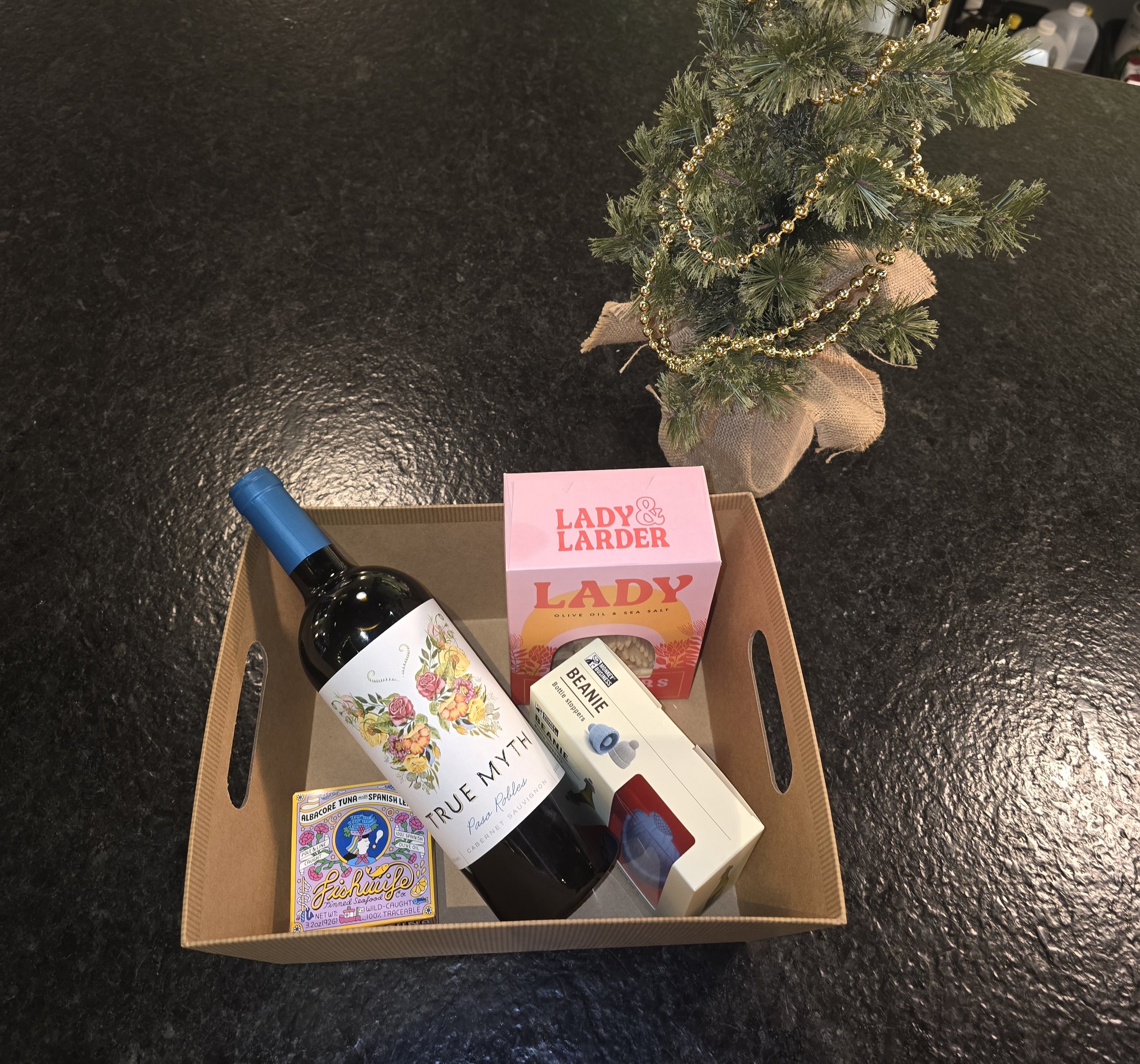 Ultimate Snack Box - Wine, Tinned Fish, Crackers, and Festive Wine Stopper - $50