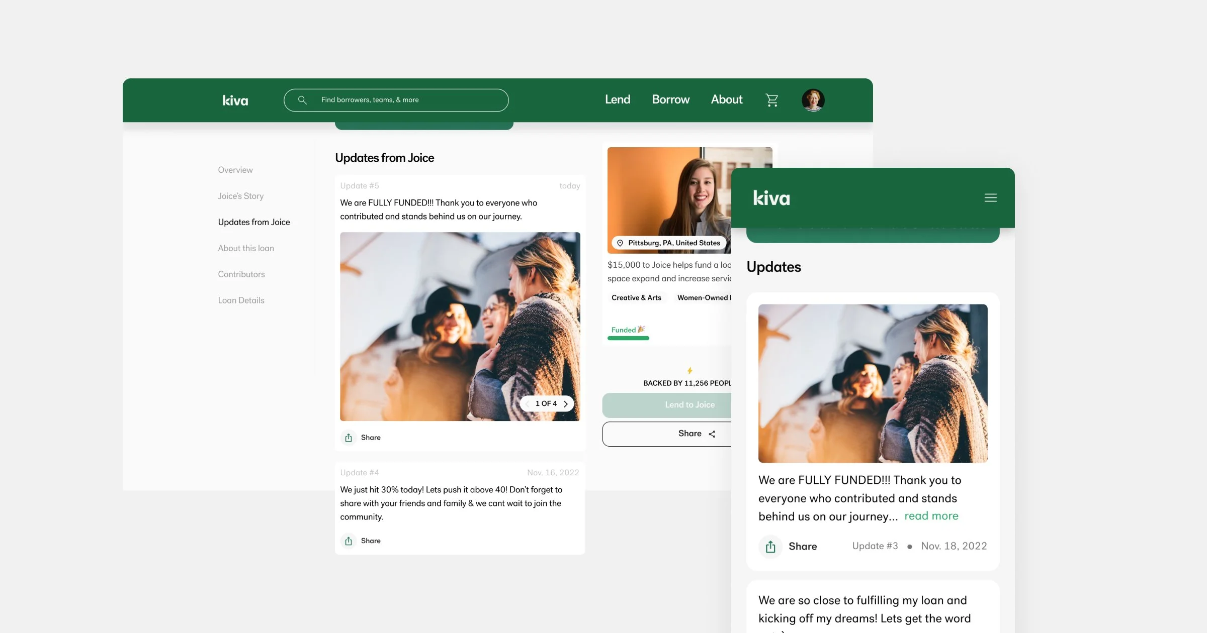 Screenshot of a website called Kiva showing updates from a funder named Joice, with options to lend or share, featuring images of people smiling, and navigation tabs labeled 'Lend,' 'Borrow,' and 'About.'