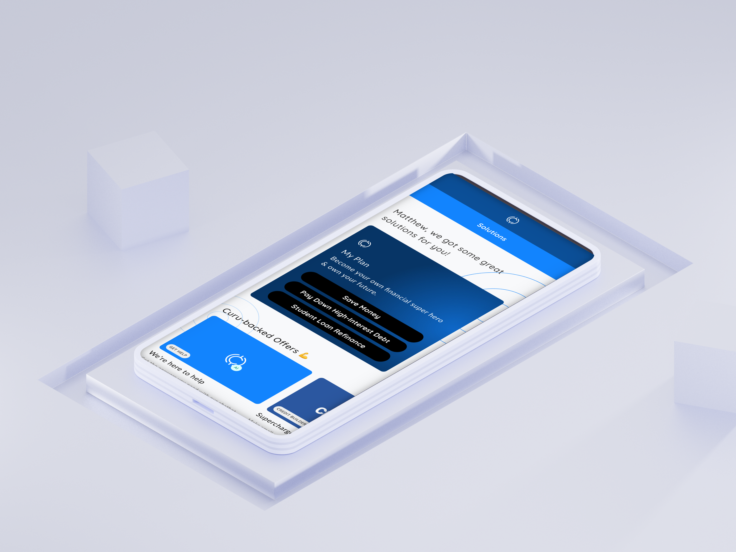 A white smartphone displays a financial planning app with blue and white interface, lying on a white platform. The screen shows options to pay down high-interest debt, save money, or refinance student loans, with a message about financial solutions.