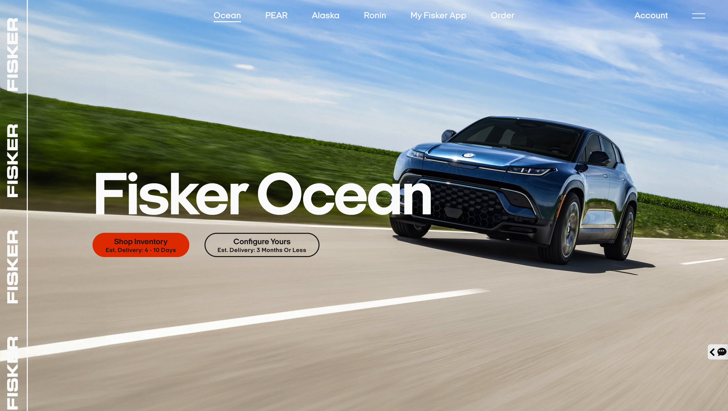 A sleek, blue electric SUV driving on an open highway with green fields on either side and a partly cloudy sky overhead, representing Fischer Ocean