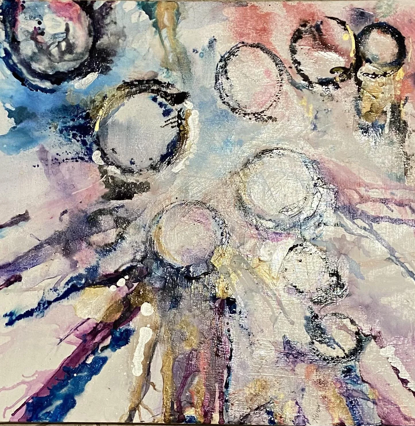 Orbiting, food coloring and ink on wood, 23" x 23" $325