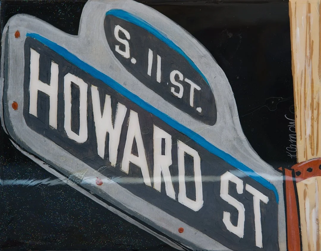 Howard Street, acrylic and resin on wood panel, 11" x 14", $75