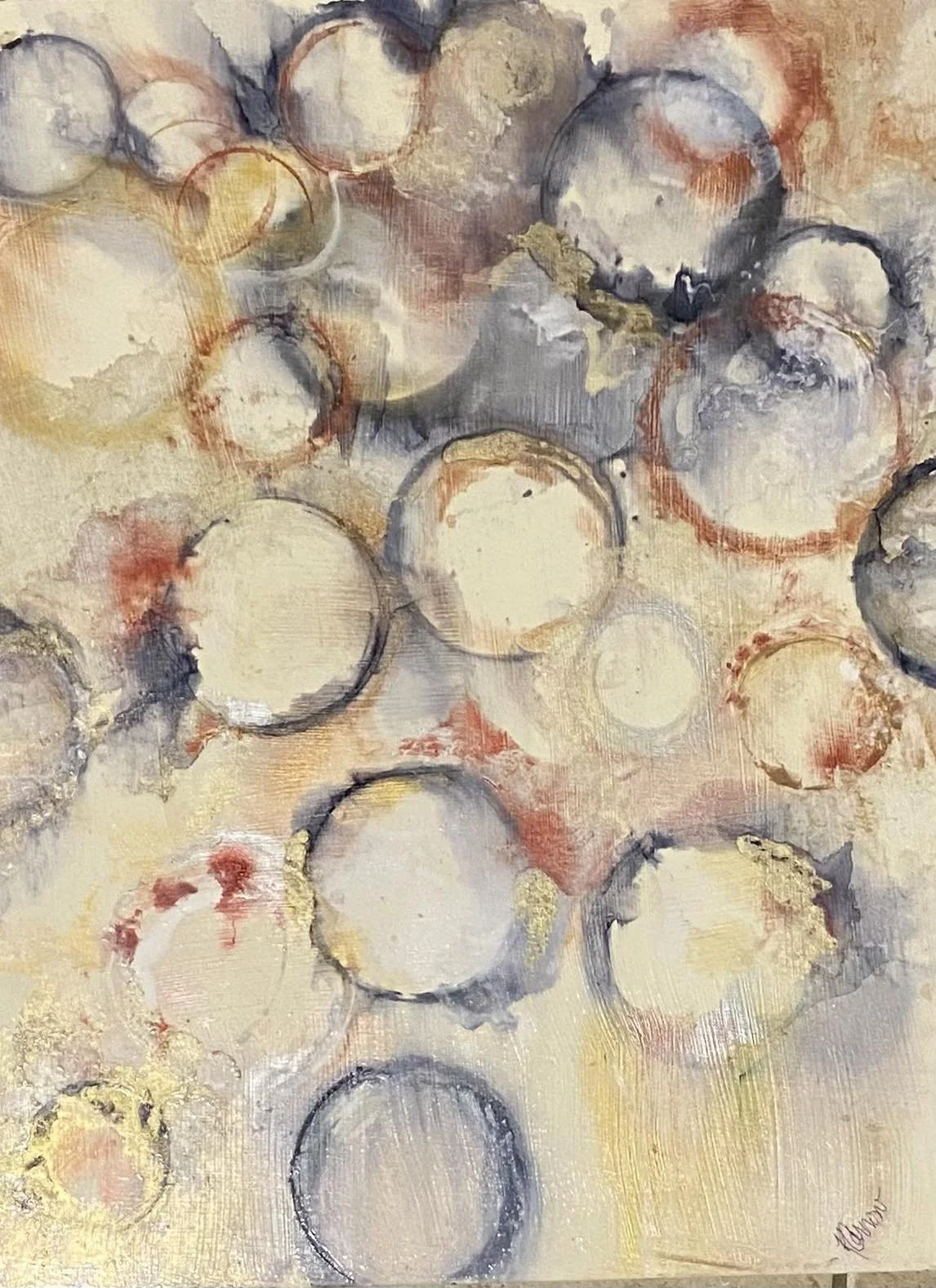 Circles, food coloring and ink on wood, 15" x 19", $175