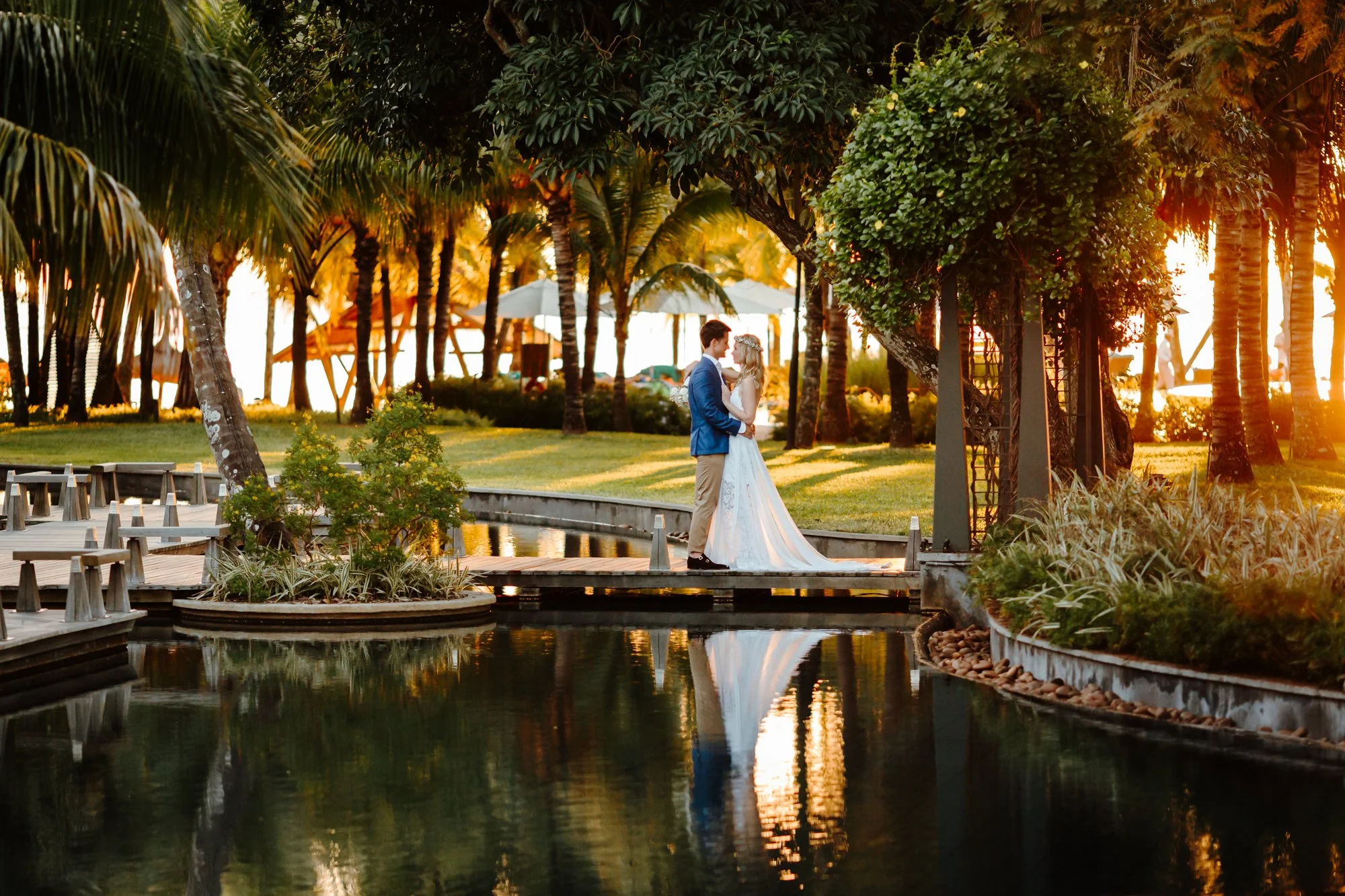 Mauritius wedding photography of a bride and groom in tropical gardens at sunset
