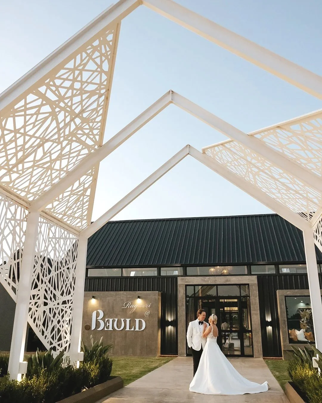 Bride and groom at an architectural Cape Winelands wedding venue