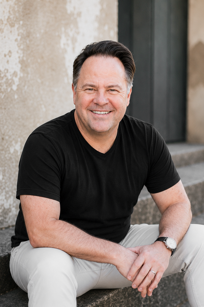 Kobus Tollig, South African wedding photographer, seated and smiling outdoors
