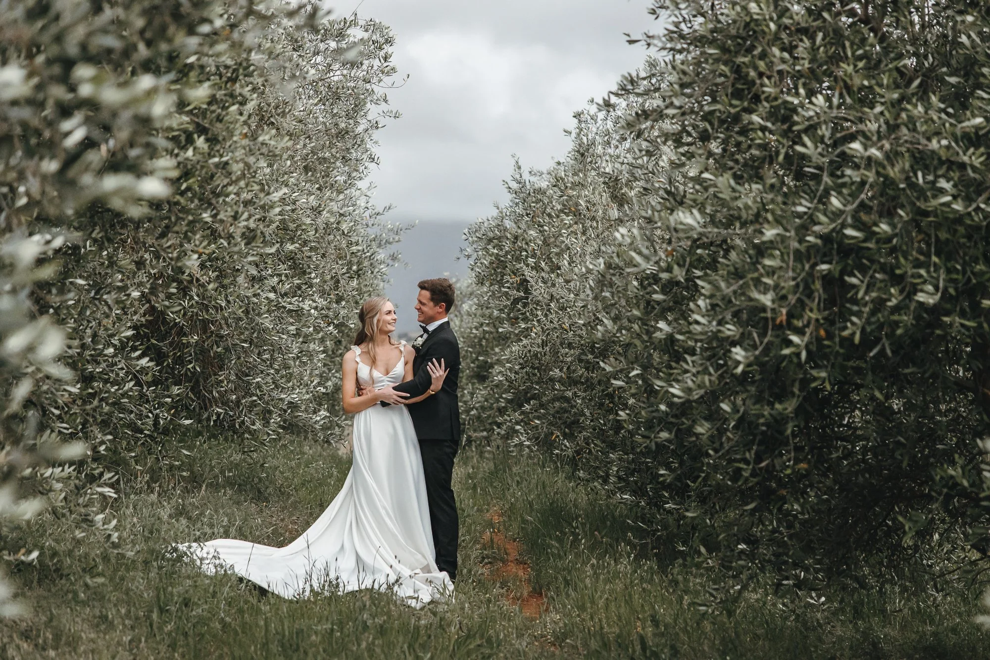 Bride and groom photographed in the olive grove at Tokara Stellenbosch