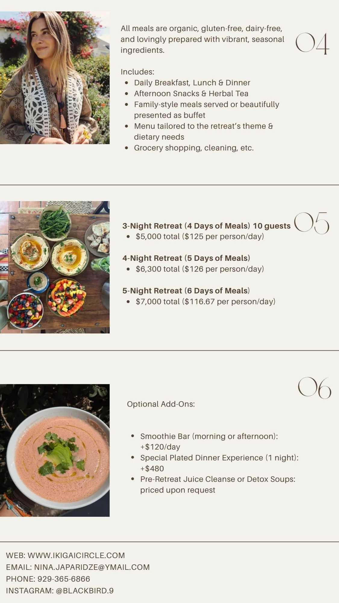 A promotional flyer for a health retreat highlighting organic, gluten-free, dairy-free meals, including breakfast, lunch, dinner, snacks, and herbal tea. It details retreat options for 3 to 5 nights with varying meal counts and prices, and optional add-ons like a smoothie bar, special dinner experience, and detox soups. Contact information and social media handle are included.