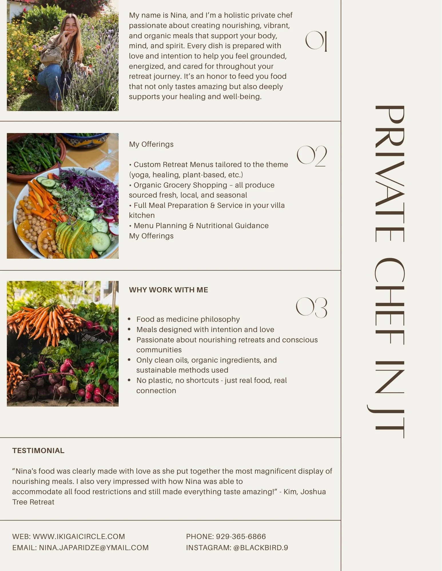 A promotional flyer for Nina, a holistic private chef. The flyer includes three sections with images: the first shows Nina outdoors among lavender plants, the second features a colorful vegetable salad, and the third displays fresh vegetables including carrots, radishes, and greens. The flyer details Nina's mission, services like custom menus and organic grocery shopping, and reasons to work with her, emphasizing healthy, sustainable, and lovingly prepared food.