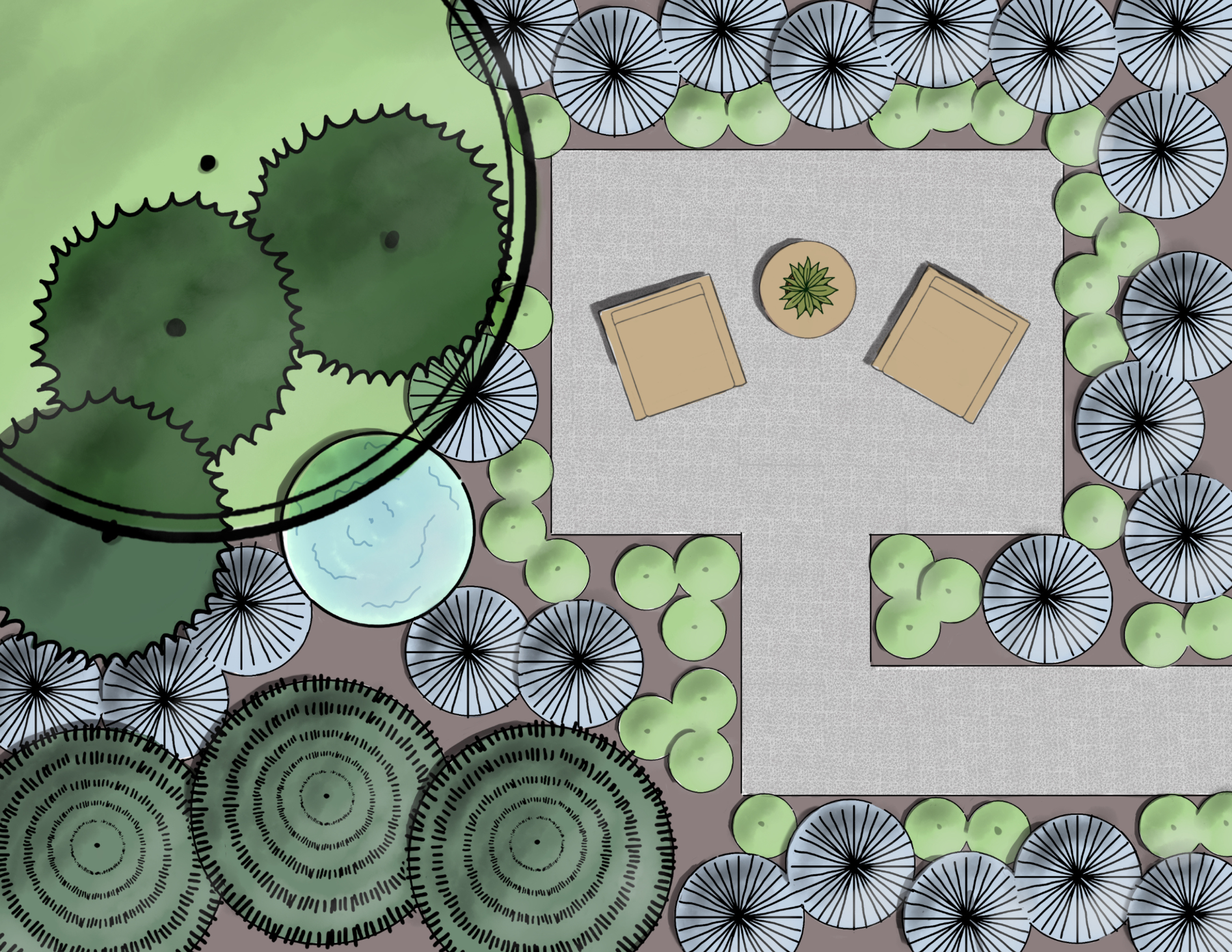 Landscape design plan showing a patio area surrounded by planting for beauty and privacy.