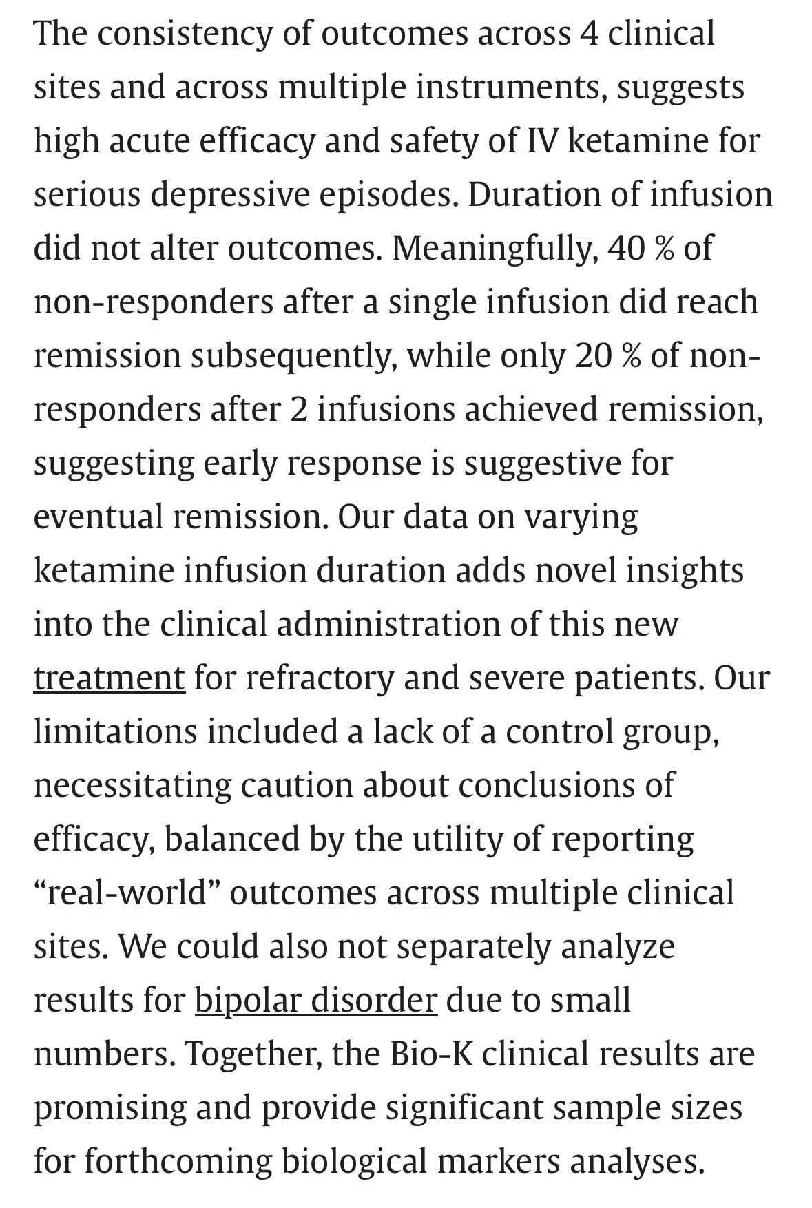 Clinical outcomes in the biomarkers of ketamine (Bio-K) study of open-label IV ketamine for refractory depression (Parikh, et al, 2024)