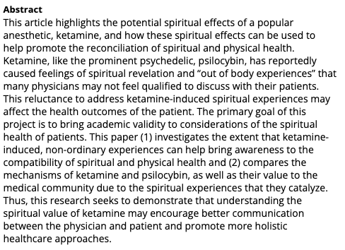 Ketamine’s Role in Spirituality: How One Synthetic Drug Catalyzes a Natural Experience (Woods, 2020)
