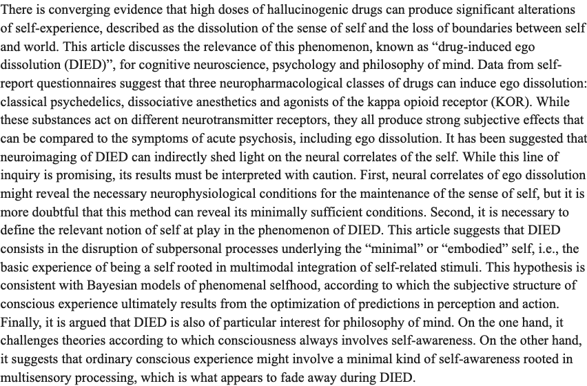Looking for the Self: Phenomenology, Neurophysiology and Philosophical Significance of Drug-induced Ego Dissolution (Milliere, 2017)