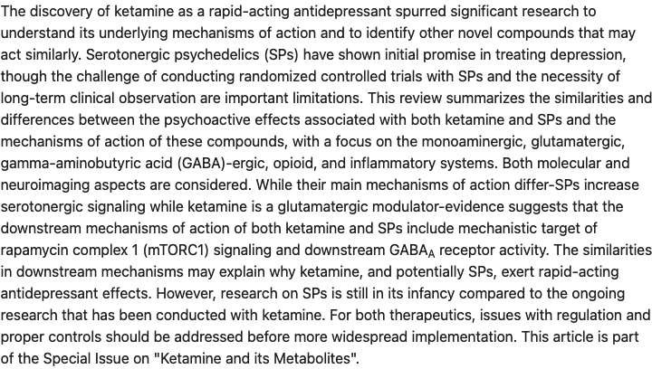 Ketamine and serotonergic psychedelics: An update on the mechanisms and biosignatures underlying rapid-acting antidepressant treatment (Johnston, et al, 2023)