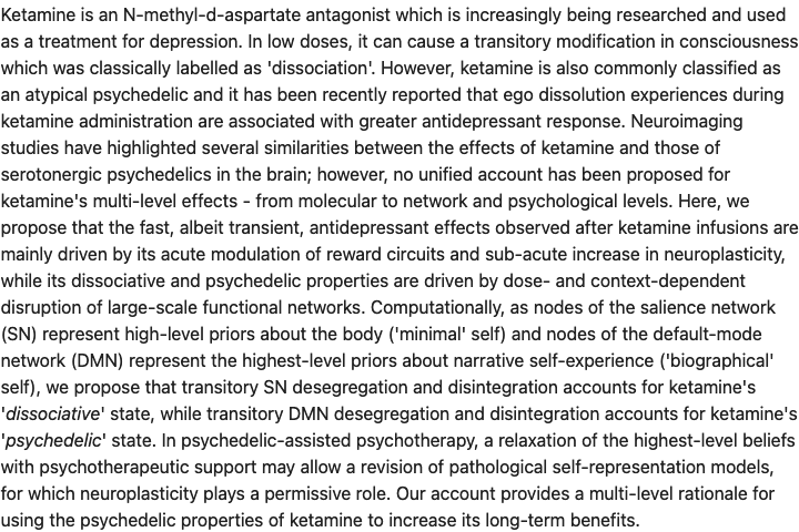 A unified model of ketamine's dissociative and psychedelic properties (Marguilho, et al, 2023)