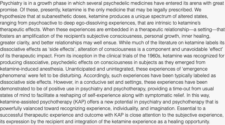 Ketamine-assisted psychotherapy, psychedelic methodologies, and the impregnable value of the subjective—a new and evolving approach (Wolfson & Vaid, 2024)
