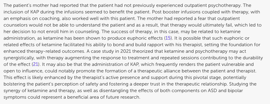 Case report: Adult with bipolar disorder and autism treated with ketamine assisted psychotherapy (Harris, et al, 2024)