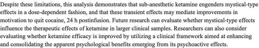 Therapeutic infusions of ketamine: Do the psychoactive effects matter? (Dakwar, et al, 2014)