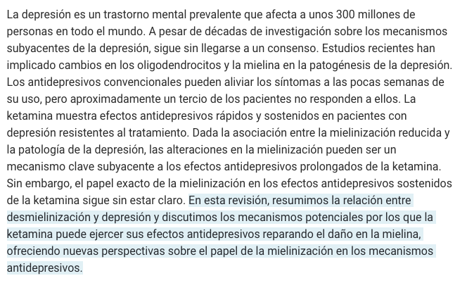 La reparación de la mielina como nuevo mecanismo de los efectos antidepresivos sostenidos de la ketamina (Wang, et al, 2025)