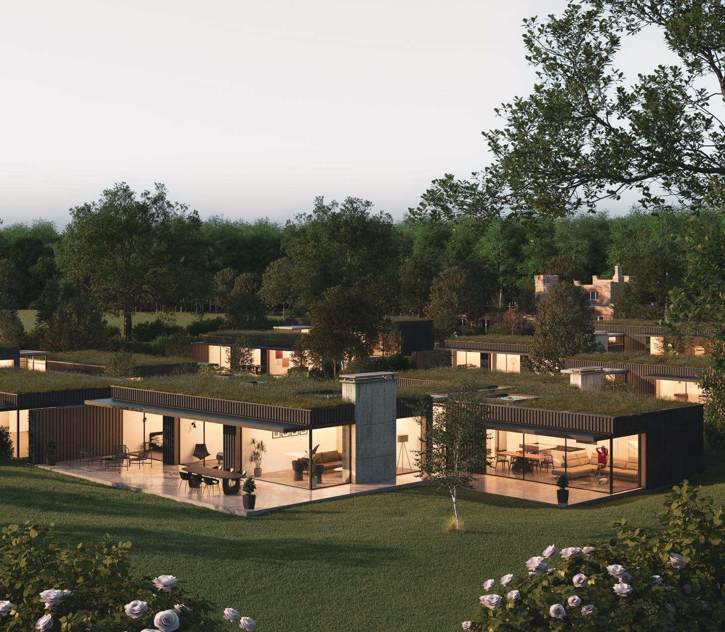 Heather Houses, Wales 

We were recently commissioned to produce three images of a new development site of six houses in the Welsh countryside for Glen Thomas Architecture. The visuals are shown at dusk as a way of humanising the larger site and show