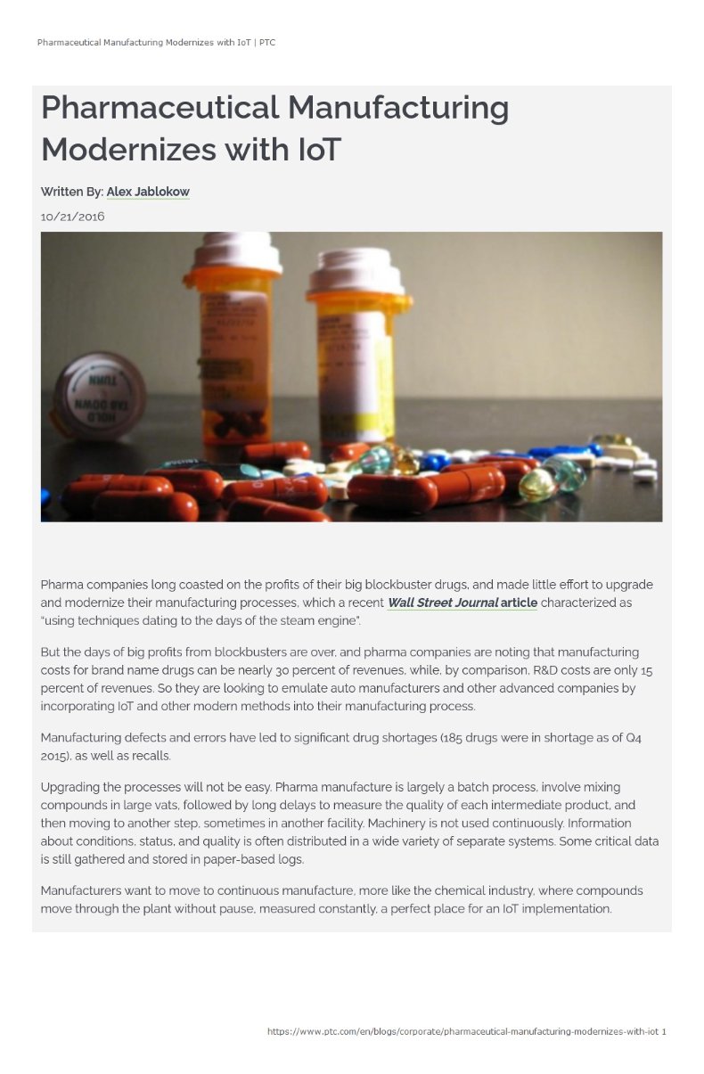 Article: Pharmaceutical manufacturing modernizes with IoT