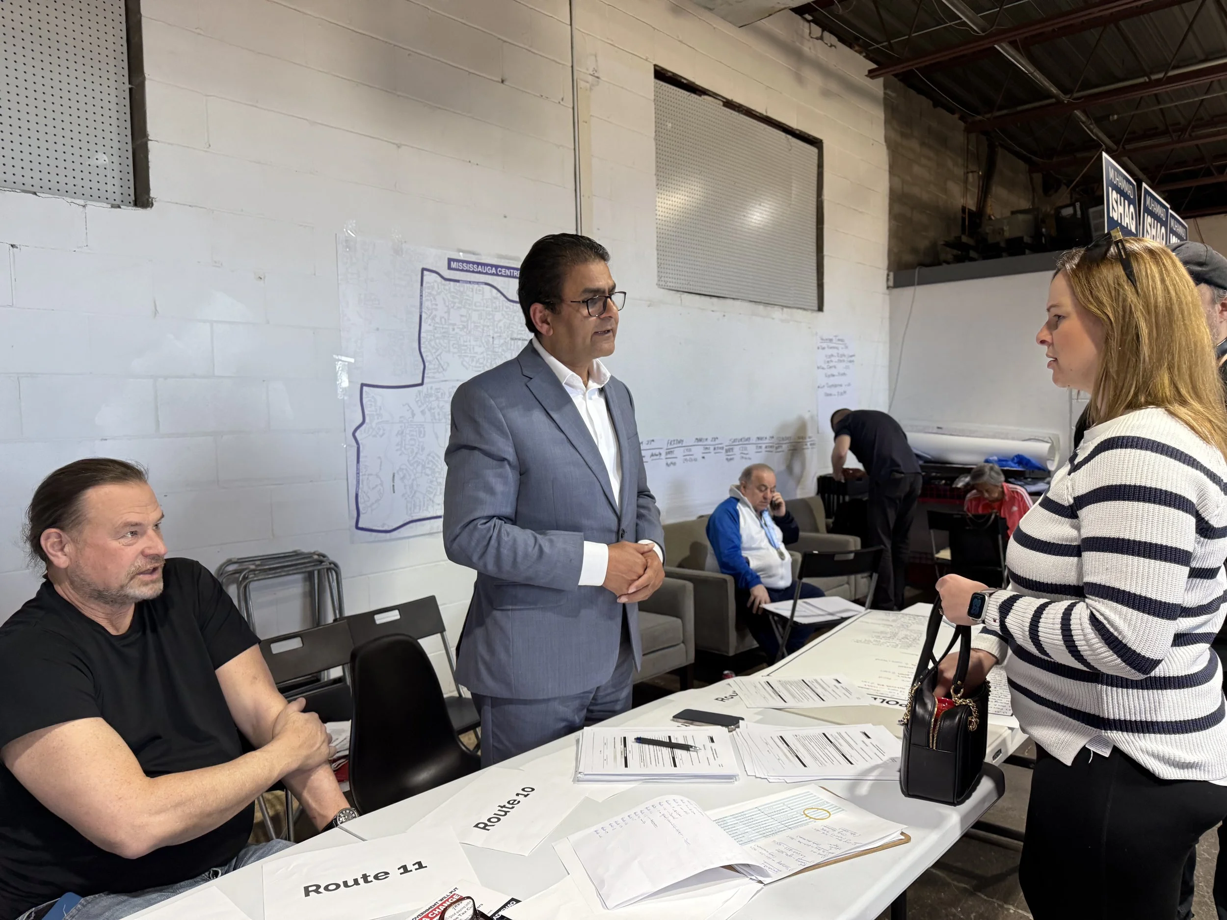 Working in Mississauga Centre in the Muhammad Ishaq Conservative Campaign (standing left) along with Mississauga Centre MPP Nathalia Kusendova-Bashta (also standing right), April 2025.