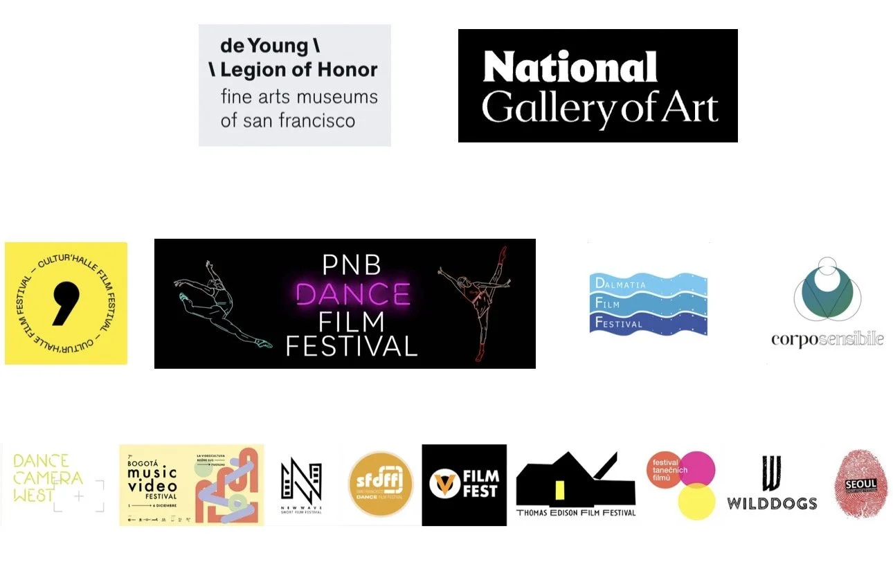 Collection of logos from various film festivals and arts organizations, including de Young Legion of Honor, National Gallery of Art, PNB Dance Film Festival, Dalmatia Film Festival, Corpo Semplice, festival banners for Dance Camera West, Bogota music video festival, Nownow short film festival, SFFFF Dance Film Festival, Thomas Edison Film Festival, WildDogs, and Seoul