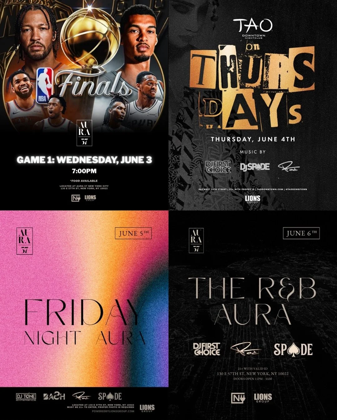 New week, new energy and we not slowing down 
Here&rsquo;s what we got this week 👇

WEDNESDAY JUNE 3
NBA Finals Game 1 Watch Party at @aura57nyc 
🏀 Tip off 7PM | Food Available

THURSDAY JUNE 4
On Thursdays at @taodowntown 

FRIDAY JUNE 5
Friday Ni