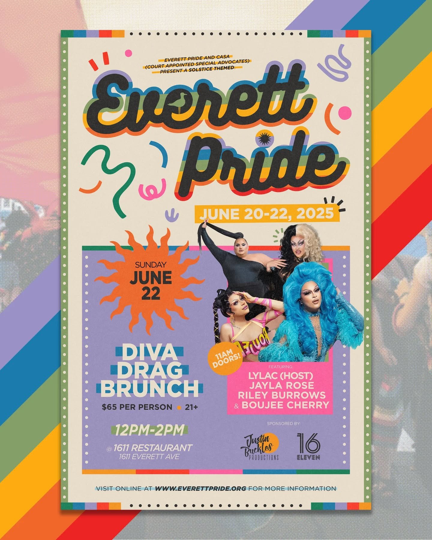 Wake up with us on June 22, 2025 11:00 am to 2:00 pm to cap off the pride weekend with the return of our Drag Brunch presented by @justinbucklesproductions @divadragbrunch and hosted at @16eleven_everett
Grab your mimosas and enjoy the performances