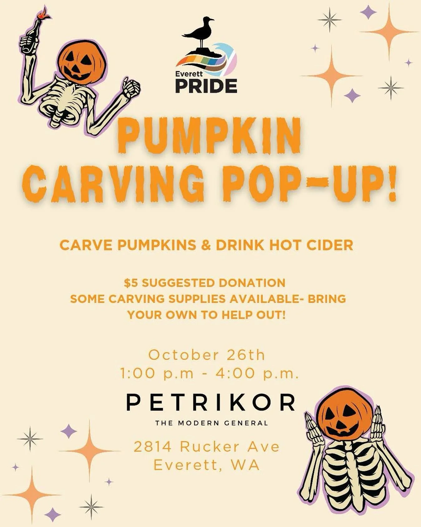 🎃 Pumpkin Carving Pop-Up! 🎃
Join Everett Pride & Petrikor for some spooky, seasonal fun!
🗓️ October 26
🕐 1–4 PM
📍 Location: 2816 Rucker Ave, Everett, WA 98201
Sign up via our Eventbrite link. 
Must register to attend! 
All are welcom
