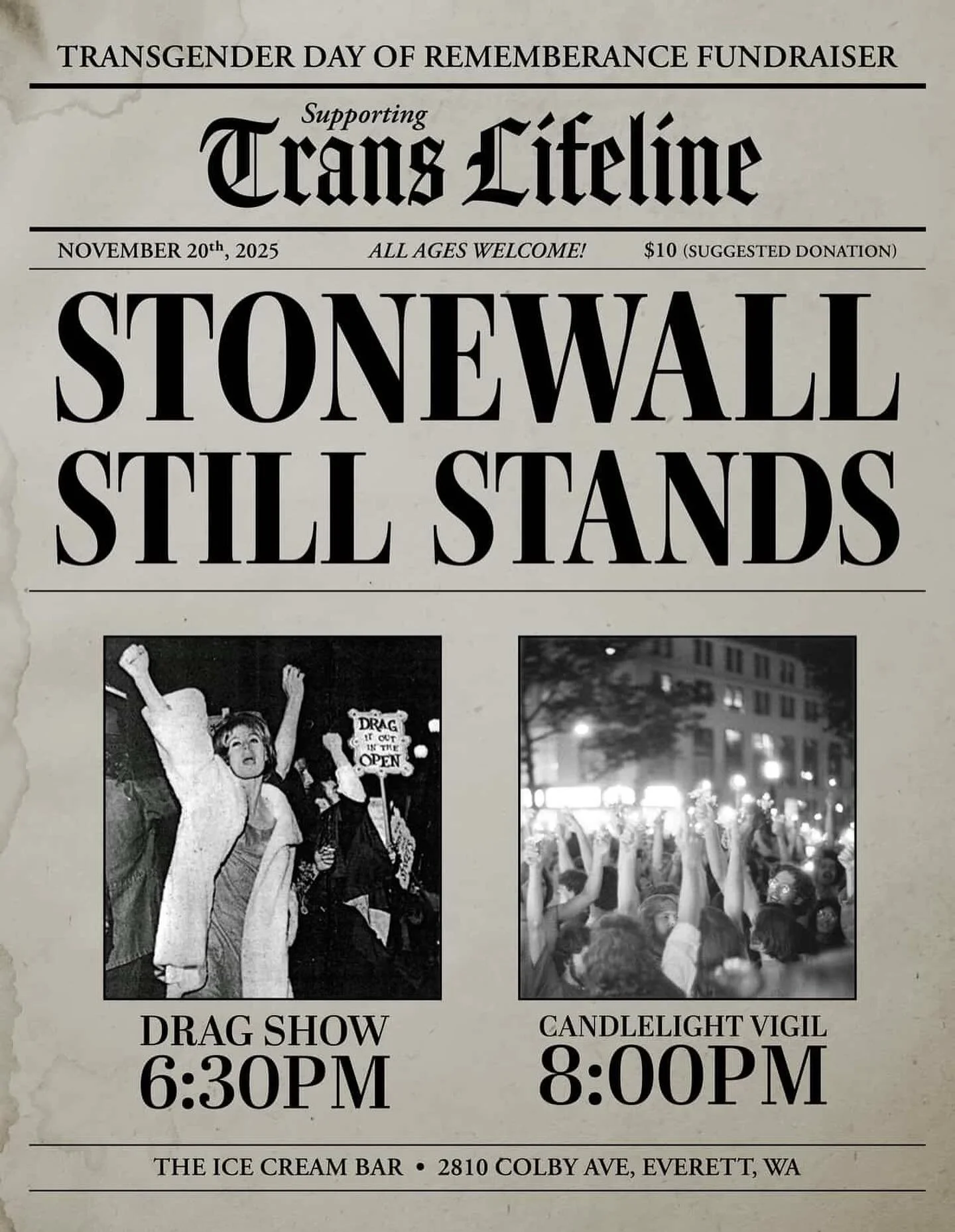 This year for Transgender Day of Remembrance, Dirty Jobbs Productions is partnering with The Ice Cream Bar to put on a fundraiser for Trans Lifeline (translifeline.org). 

On Thursday, November 20th, 2025, we will be coming together at The Ice Cream 