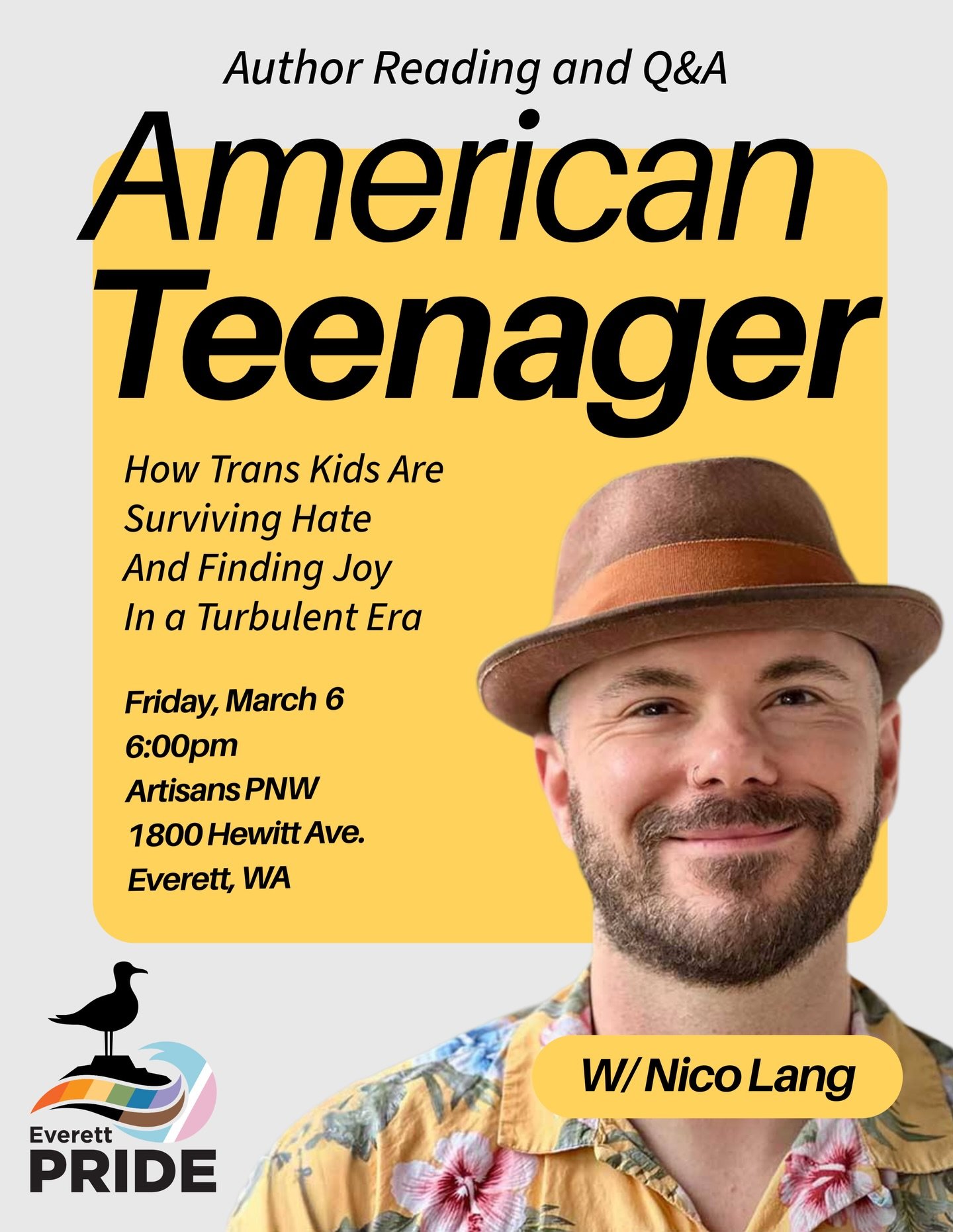 See everyone tonight at @artisansbooksandcoffee at 6 to meet and learn more about Nico Lang&rsquo;s book American Teenager! Tickets are still available- check the link in our profile! #everettpride #everett #booksbooksbooks