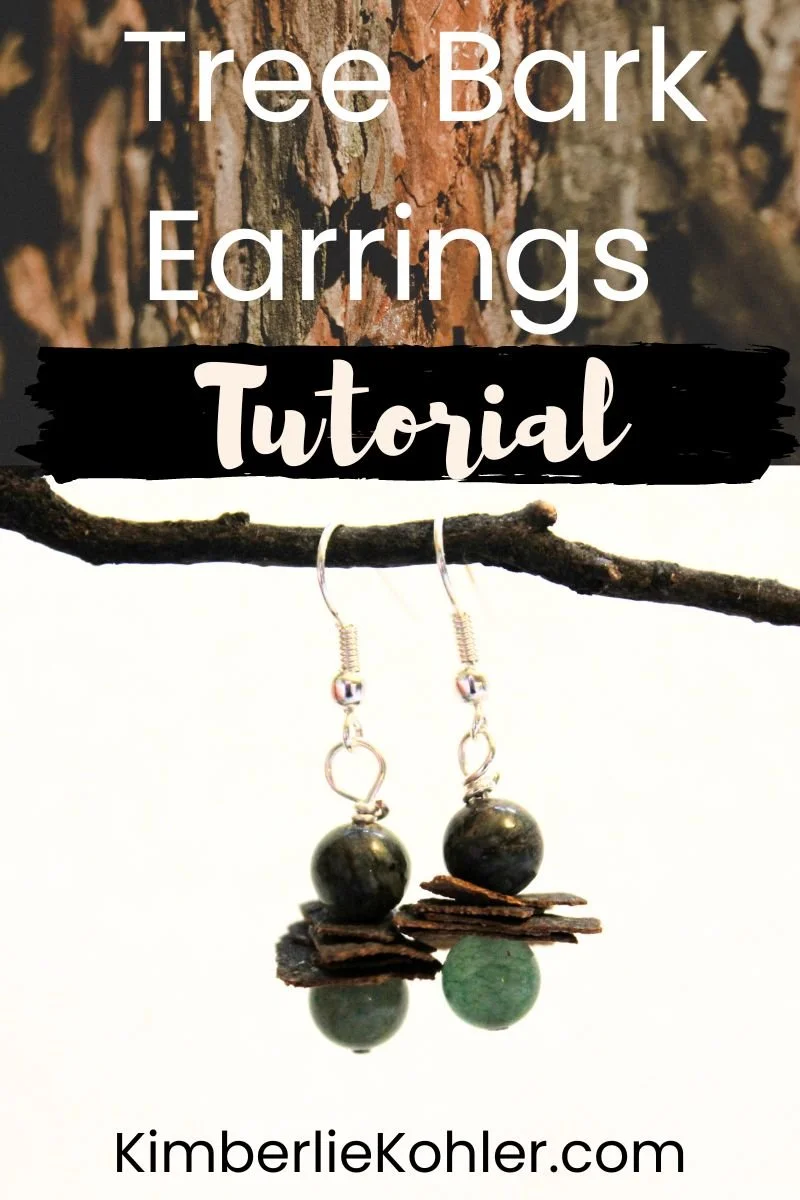 Words Tree Bark Earrings Tutorial overlay a photo of a closeup of tree bark.  On the bottom half a pair of earrings made with beads and tree bark.