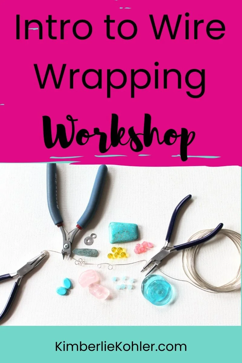 jewelry making tools, 2 pair of pliers and wire cutters surrounded by wire and turquoise, rose quartz, yellow glass beads and other blue and pink beads. The wire has loops in it.