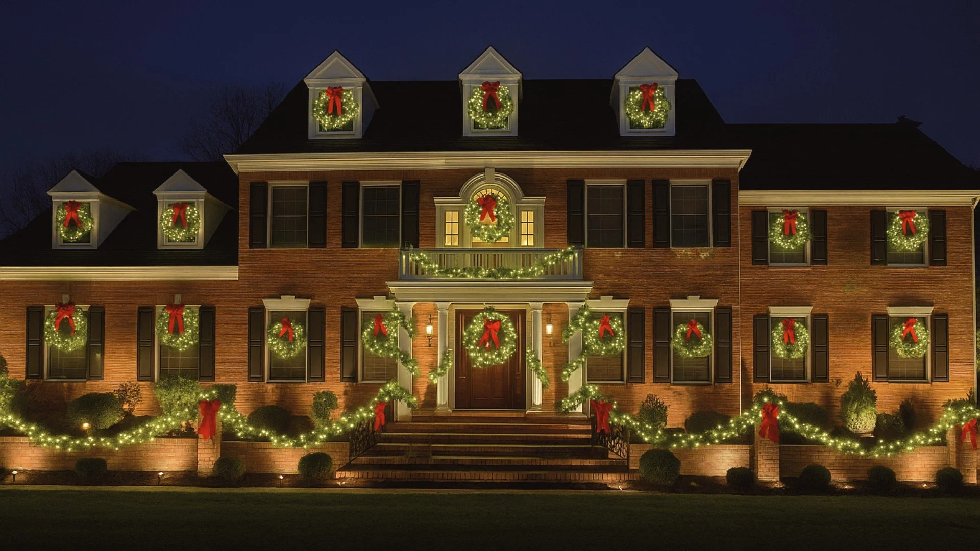 Elegant brick colonial home at dusk with symmetrical holiday lighting, featuring warm white garlands, and glowing wreaths with red bows.