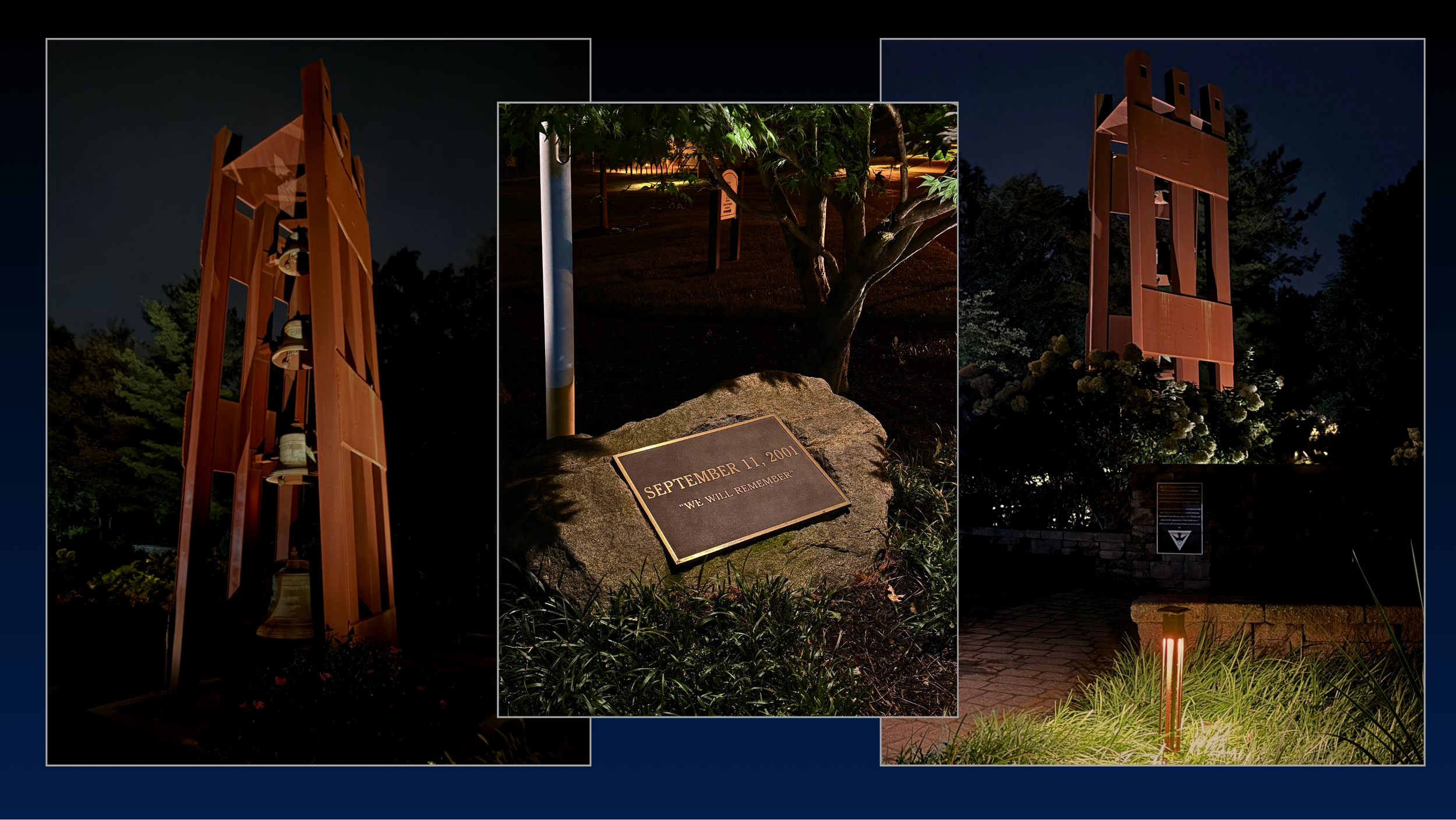 Tower of Remembrance illuminated at night, with permanent lighting by NatureScape highlighting the memorial, September 11 plaque, and entry garden in Stirling, New Jersey.
