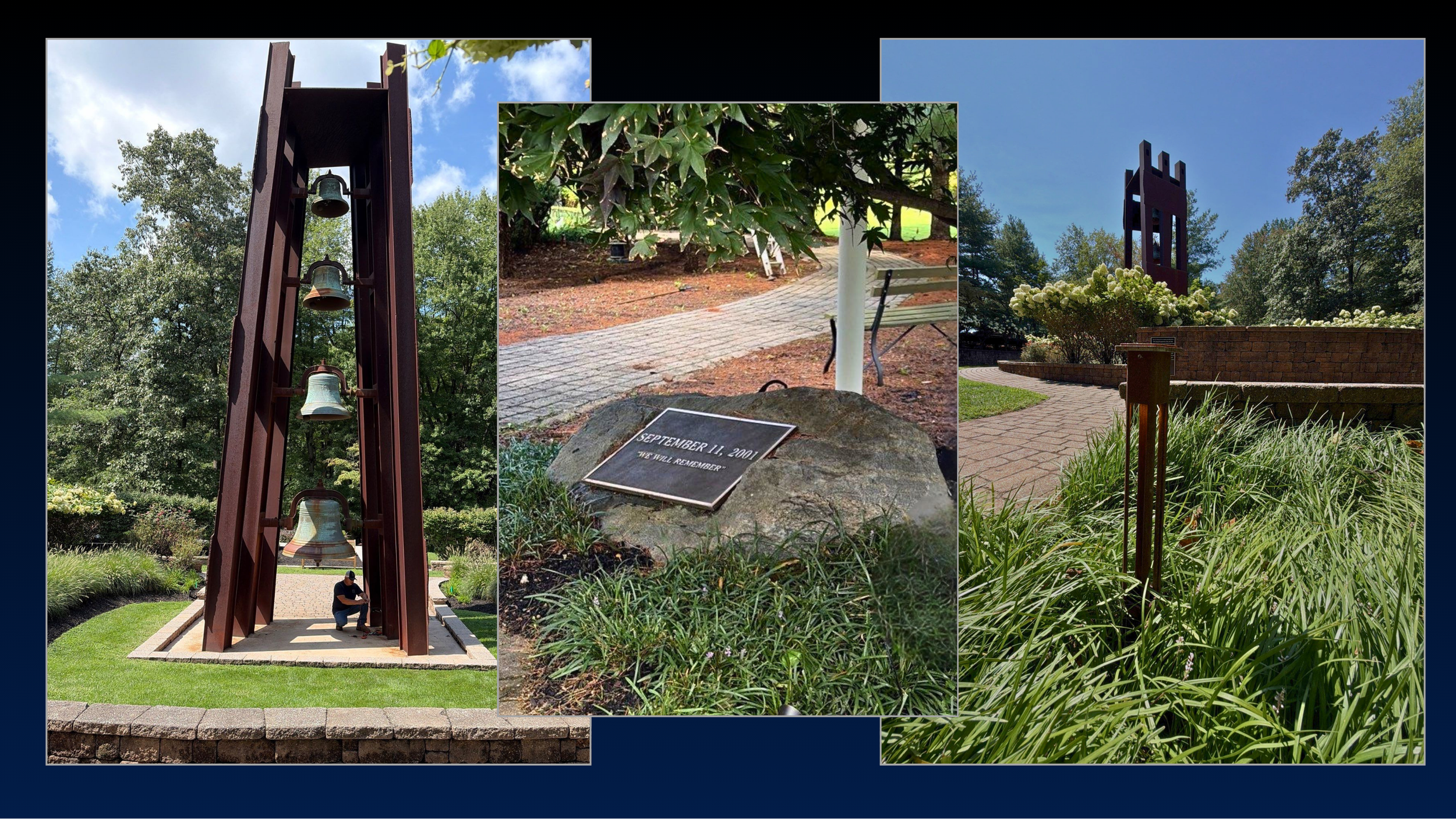 Daytime views of the Tower of Remembrance, September 11 memorial plaque, and entry garden before NatureScape’s permanent lighting installation.