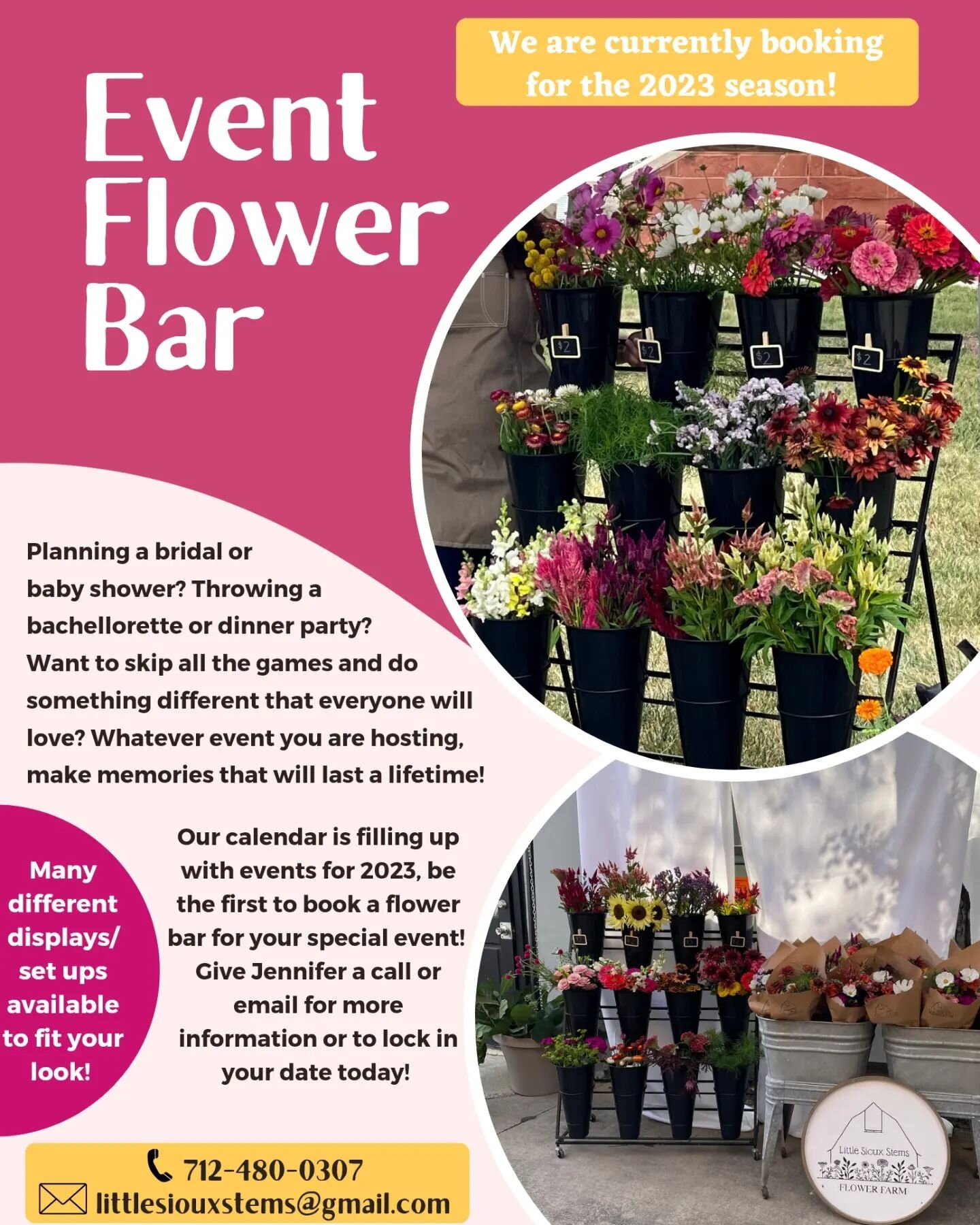 Lots of exciting things coming summer 2023! I'm planning my calendar for the summer now so let me know if I can help you with your event!

#flowerfarmer #iowaflowerfarm #okoboji #2023bridetobe #flowers #bouquetbar #flowerbar