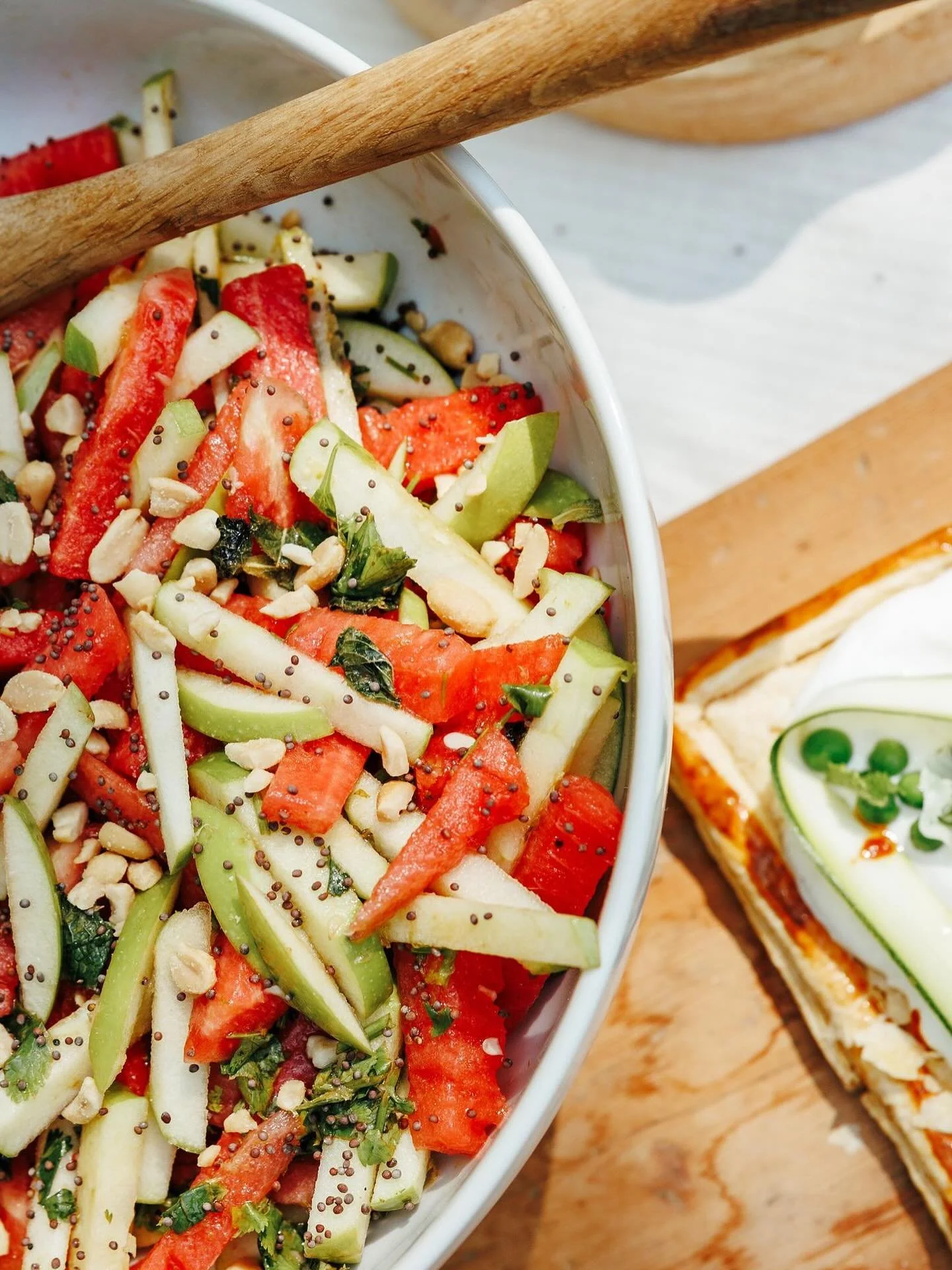 Clinging hopefully on to summer: watermelon, green apple and lime salad, with a punchy lemongrass, mint, coriander and mustard seed dressing and salty-peanuts.

Not long till soup returns&hellip; but till then&hellip;

I&rsquo;m happily serving this 
