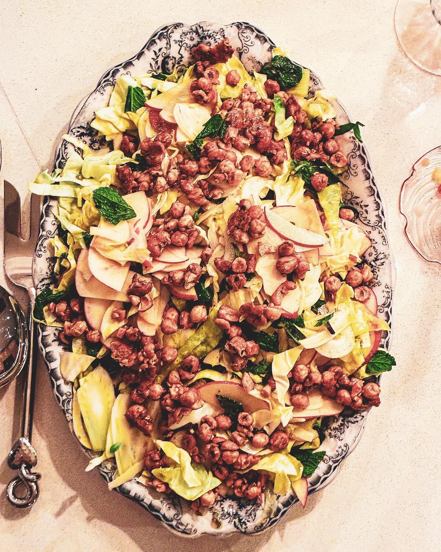 A bit of mid-week crunch: Apple, fennel and cabbage slaw with candied hazelnuts, mixed with an apple-cider, honey, mustard &amp; toasted fennel seed dressing.

Virtually virtuous. Those honey-roasted nuts are divine.

An Ottolenghi salad - officially