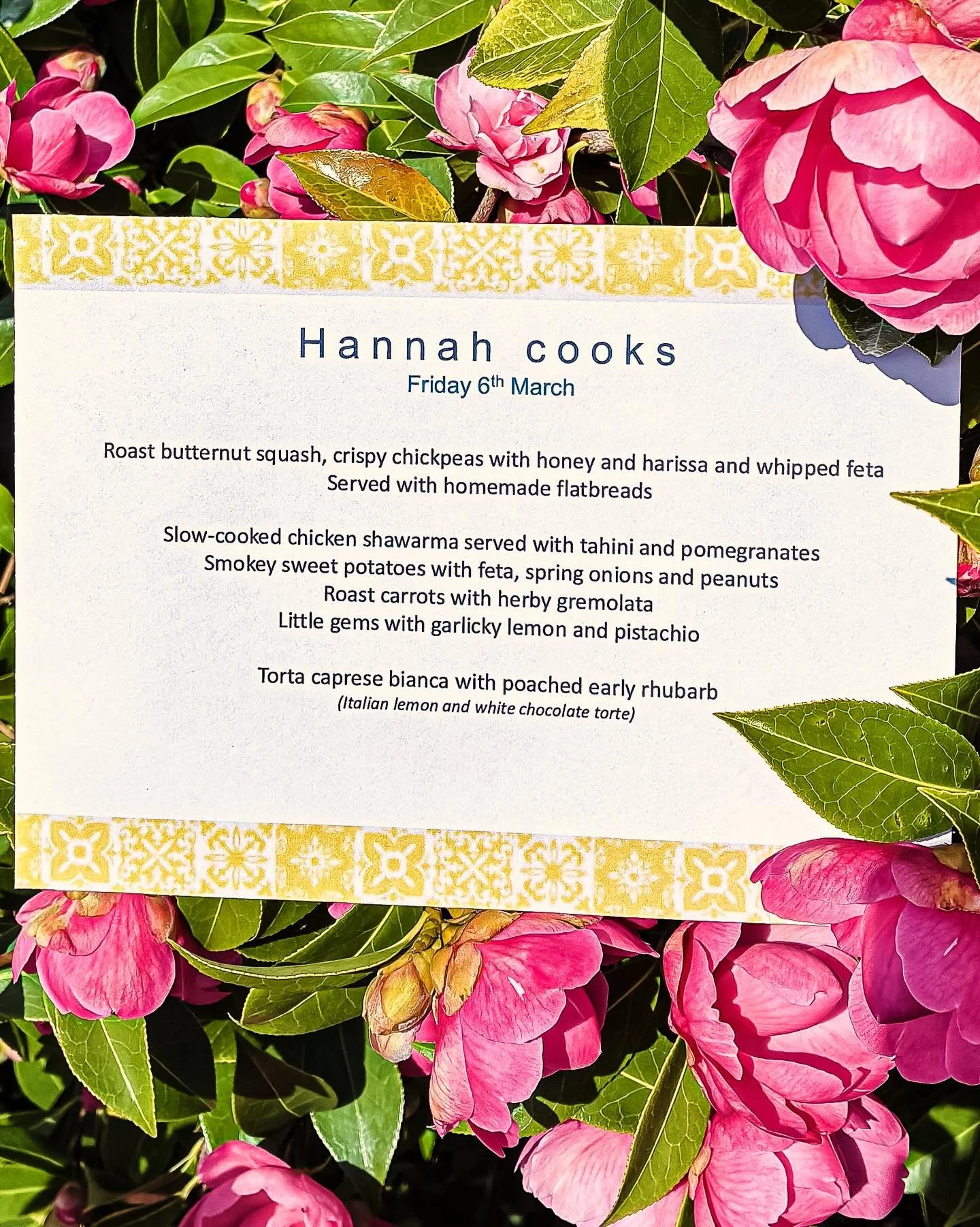 Tonight&rsquo;s Pop-Up menu - balanced in the audacious beauty of our camellia&hellip;

Definitely a spring feel to this evening&rsquo;s dishes&hellip; and about time too.

#popuprestaurant #supperclub #surreyfood #springrecipes #pirbright