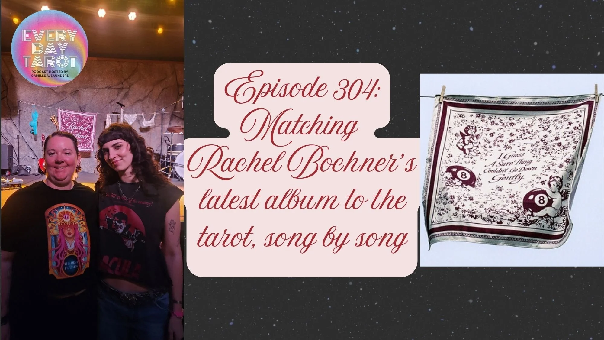 Rachel Bochner and her album cover representing themes from the album and matching them with tarot cards