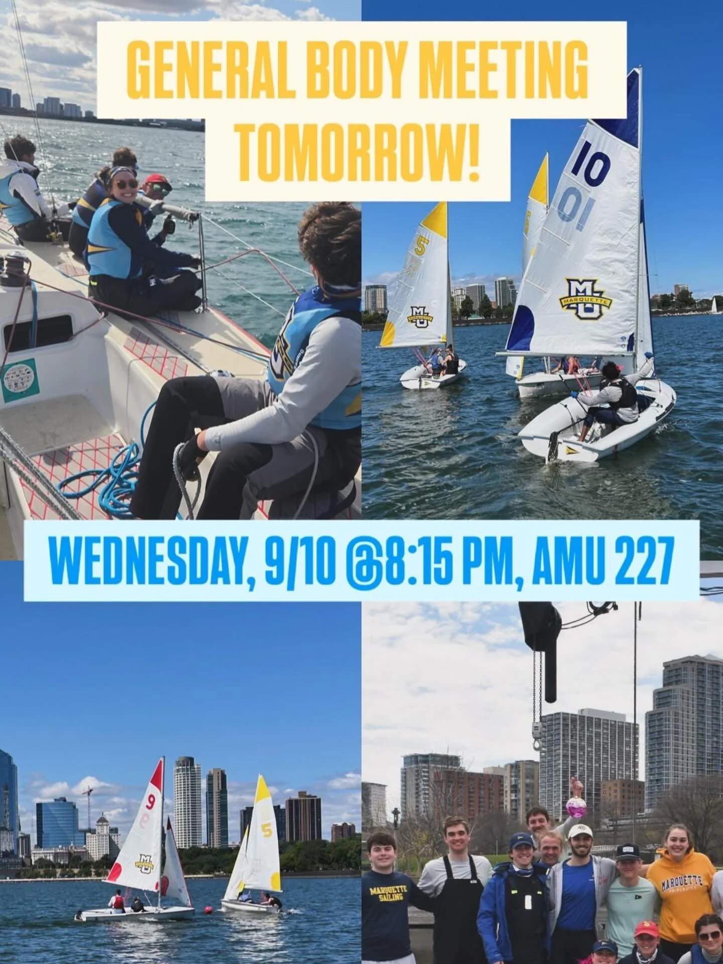 Our first General Body Meeting of the fall semester is tomorrow, September 10 at 8:15 PM in AMU 227!! Come and get up to speed with what this regatta season has in store!