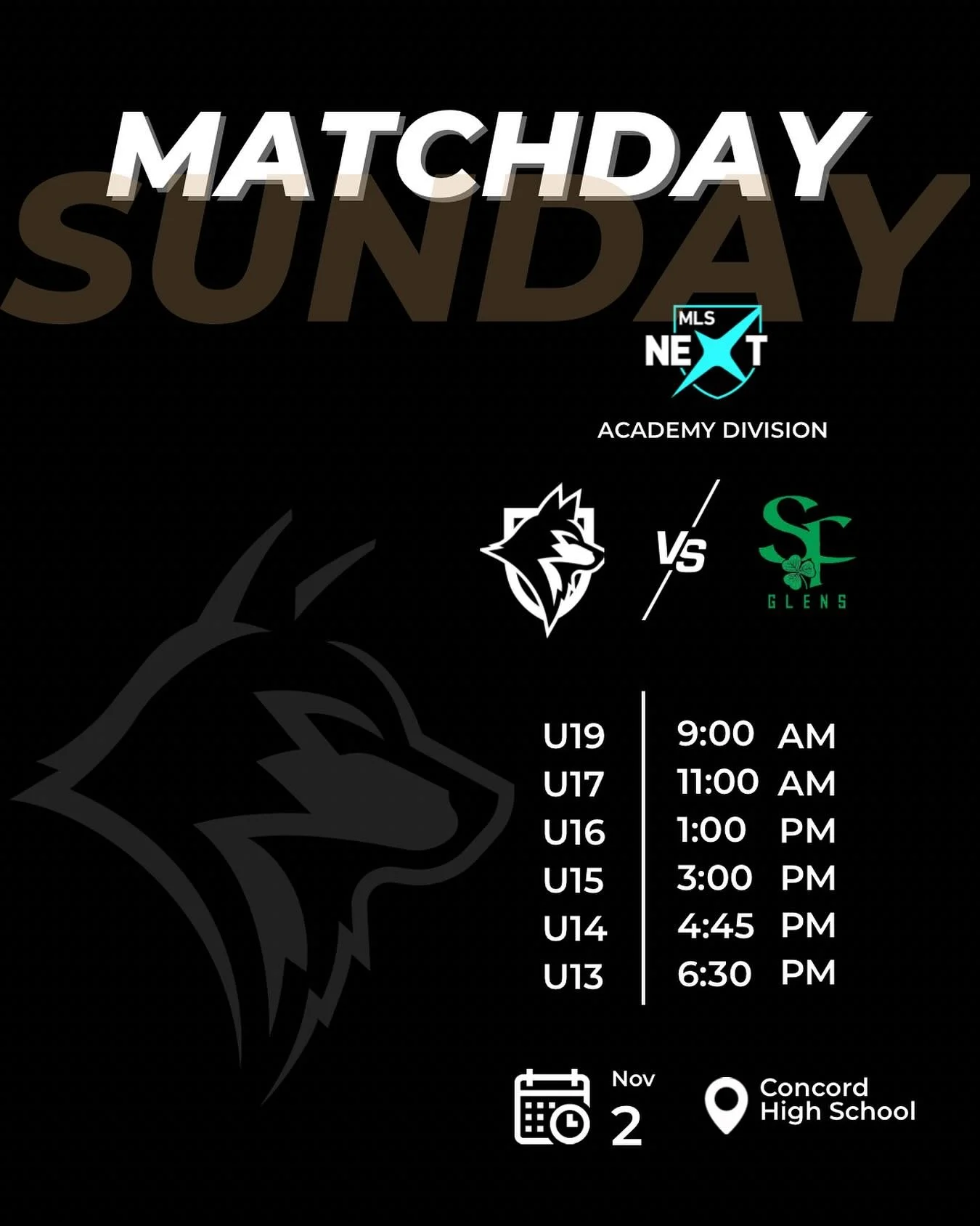 It&rsquo;s Halloween Weekend and our MLS NEXT Academy teams will be taking on SF Glens this Sunday at Concord High School. The Wolves will be ready to battle. We&rsquo;re excited to be back on the pitch and it should be a great day of footy! Good luc