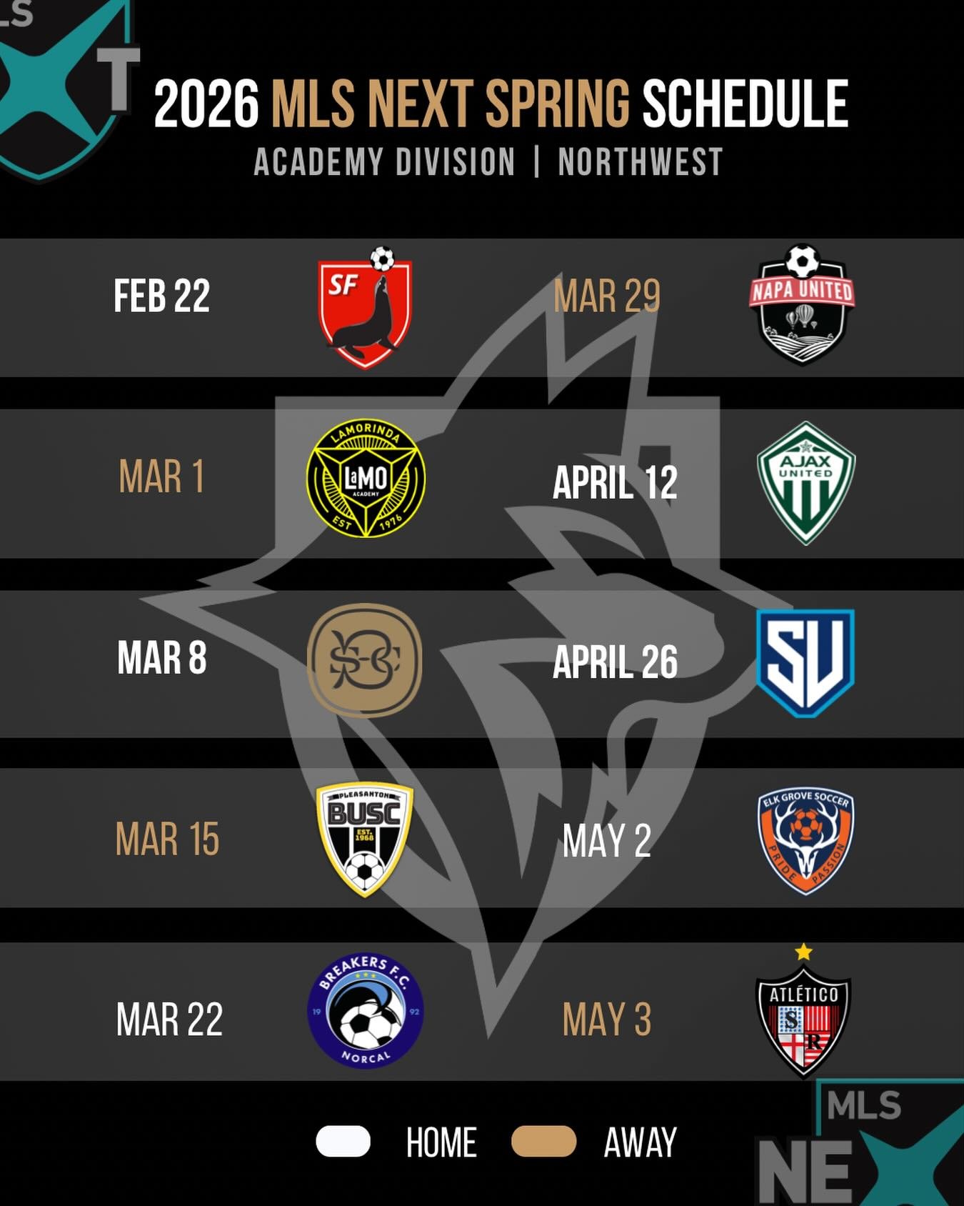 Our 2026 MLS NEXT schedule is locked in. The Wolves are ready to represent with intensity, discipline, and pride all season long. Academy Division | Northwest - let&rsquo;s go! #dvfc #runwithpack #mlsnext