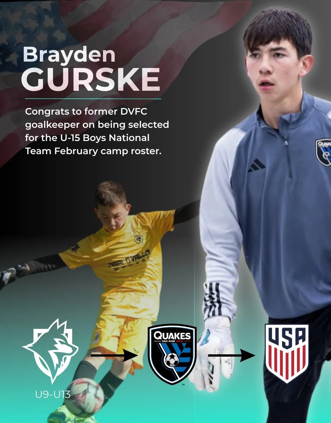 Another Wolf making waves. 

Huge congratulations to Brayden Gurske on his selection to the U-15 Boys U.S. National Team February Camp.

Brayden grew through DVFC from U9&ndash;U13 before earning his move to the SJ Earthquakes Academy. Development, b