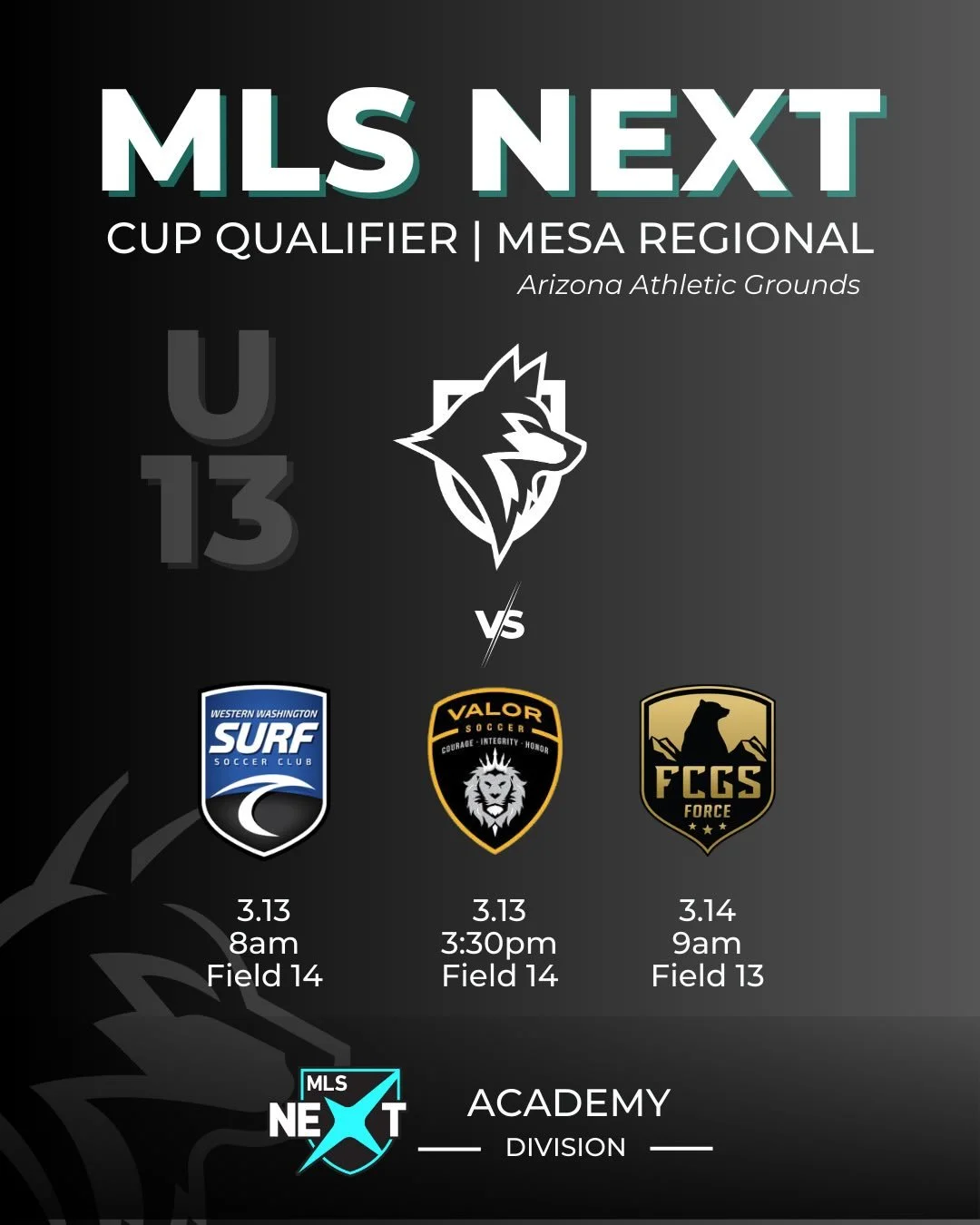The Wolves are in Arizona for the MLS NEXT Cup Qualifiers. 

DVFC teams will take on top competition starting tomorrow as they battle for a chance to qualify for the MLS NEXT Cup.

Good luck to our players and coaches &mdash; let&rsquo;s compete.

#D