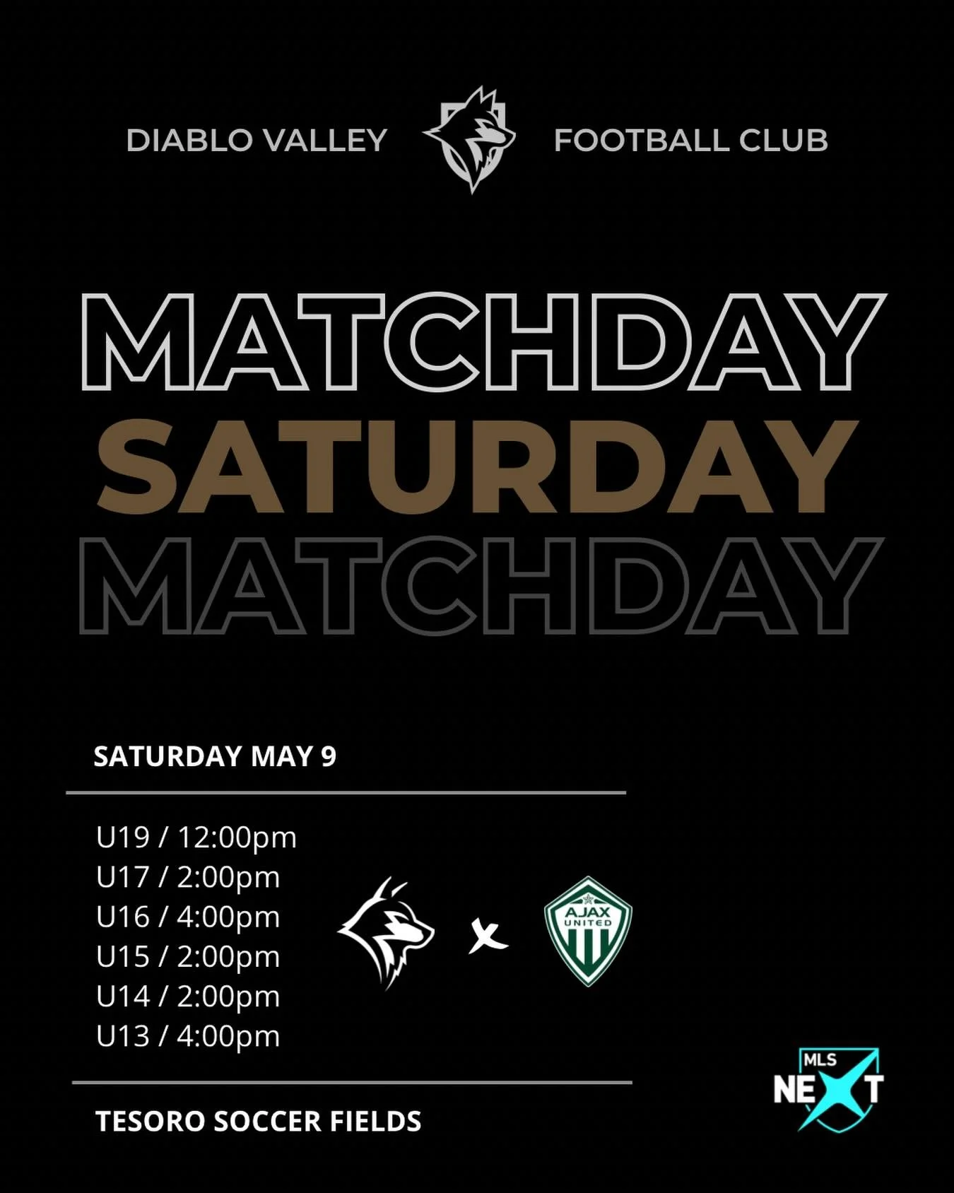 Our MLS NEXT Academy squads are back on the field this Saturday as we take on Ajax United. Ready to compete. Ready to work.

📍 Tesoro Soccer Fields
May 9

Let&rsquo;s go, Wolves. 
#RunWithTheWolves #DVFC #MLSNEXT