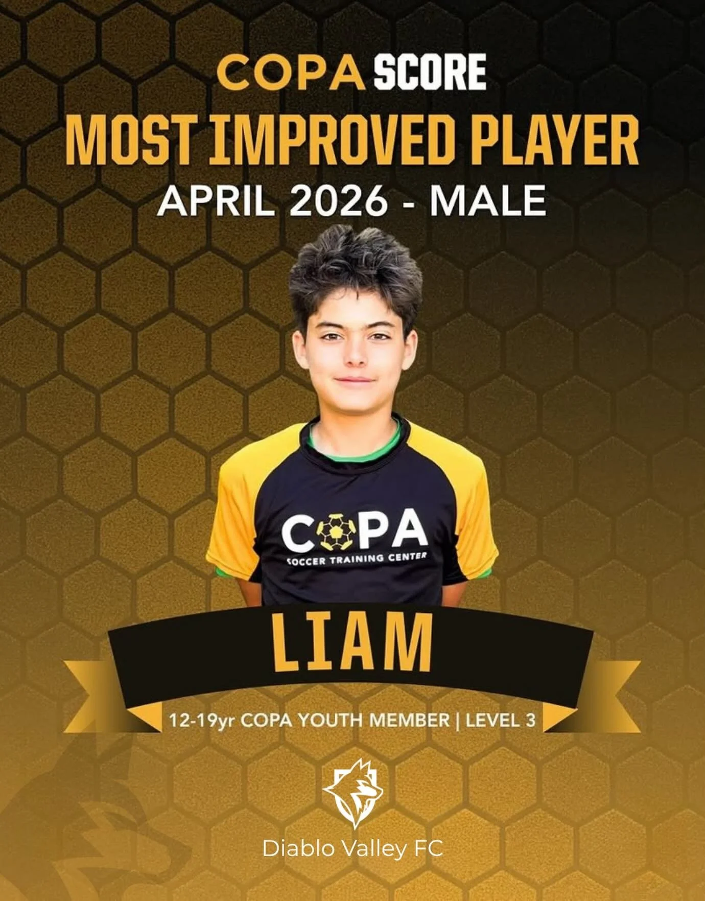 Congrats to DVFC player Liam for being named Most Improved Player for April by COPA Soccer Training Center. Keep up the hard work Liam. It&rsquo;s paying off! #dvfc #copascore #copasoccertrainingcenter #runwiththewolves